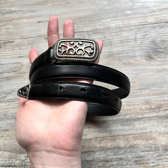 Fossil Black Leather Belt Ornate Silver Scroll Buckle Western Boho M 31\